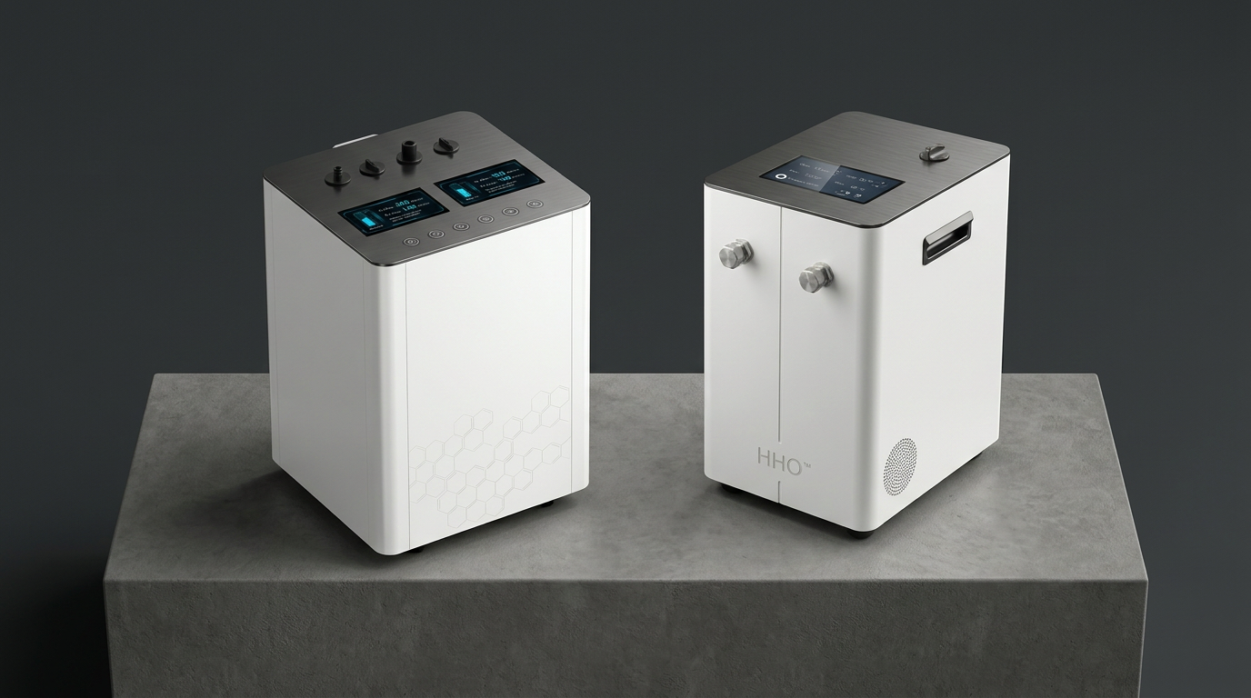 H6 Pro™ hydrogen inhalation machine and Bath One™ hydrogen bath system shown together at consistent scale