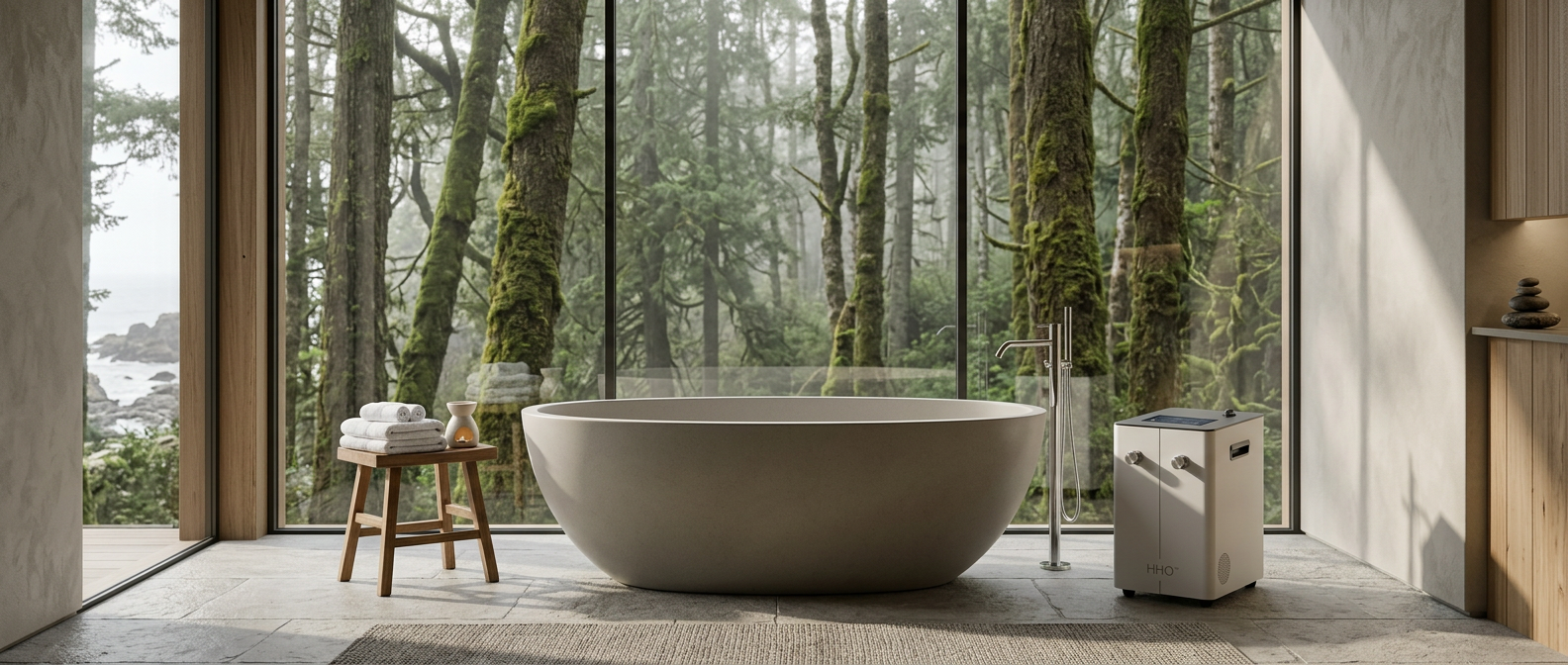 Luxury bathroom overlooking a forest with Bath One™ at the side of a freestanding bath