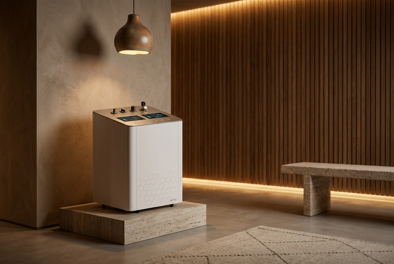 H6 Pro™ hydrogen wellness machine in a luxury wellness suite with warm architectural lighting