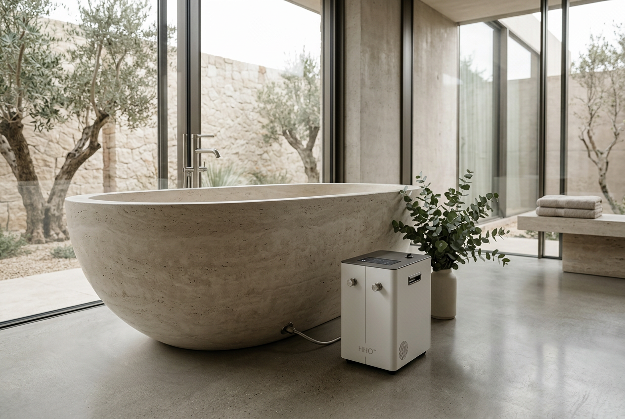 Bath One™ beside a freestanding stone bath in a modern spa bathroom