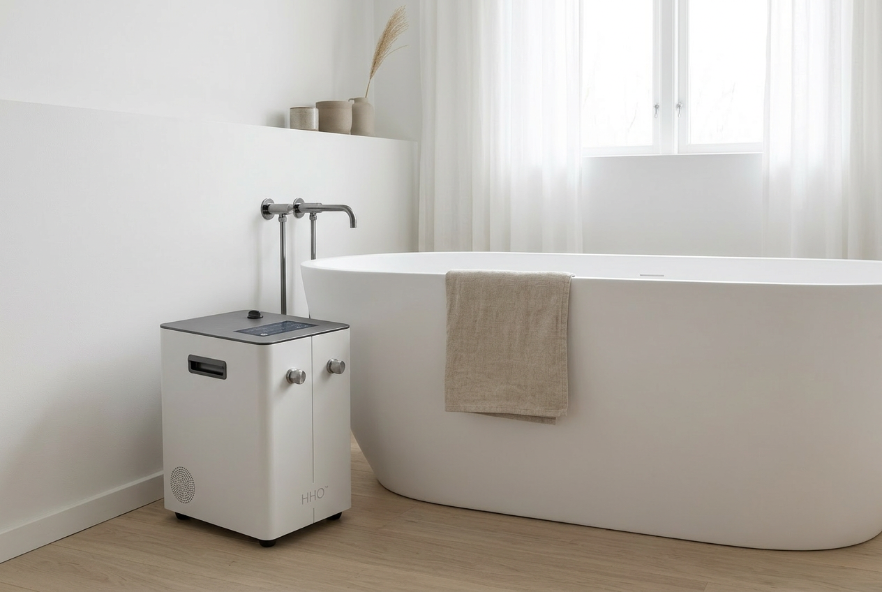 Bath One™ hydrogen bath system in a minimalist Scandinavian bathroom with natural light