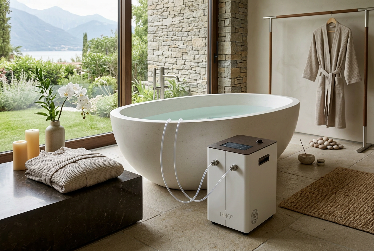 Bath One™ hydrogen spa machine in a high-end wellness retreat bathroom